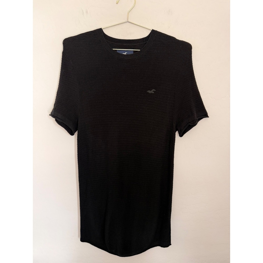 Hollister Mens Short Sleeve Textured Knit Sweater Black Crew Neck Size M